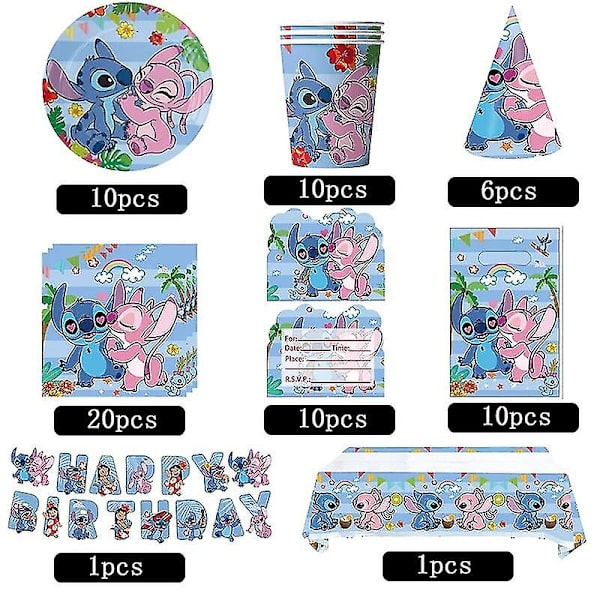Blå Stitch Födelsedagsfest Dekorationer Cartoon Lilo Och Stitch Tema Servis Set Koppar Tallrikar Ballong Barnfest Tillbehör 4pcs set