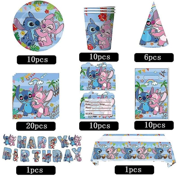 Blå Stitch Födelsedagsfest Dekorationer Cartoon Lilo Och Stitch Tema Servis Set Koppar Tallrikar Ballong Barnfest Tillbehör 5pcs set