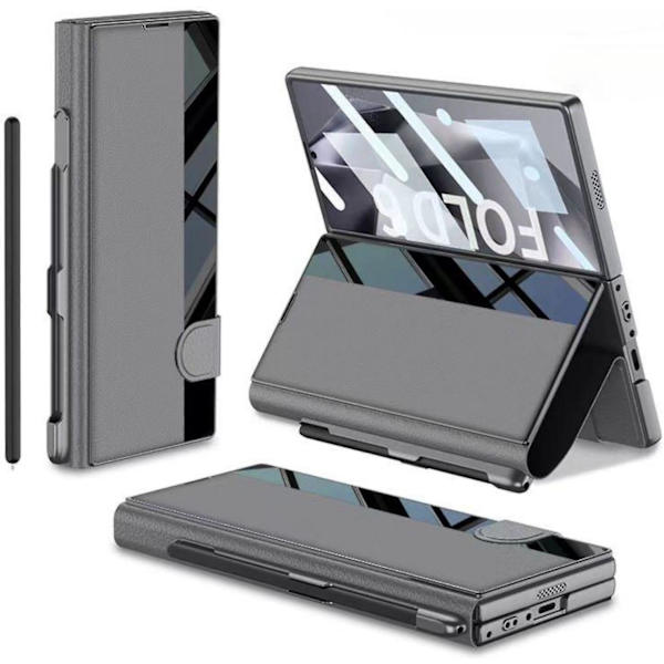 För Samsung Galaxy Z Fold 6 med S Pen-fack, Inbyggt skärmskydd PU-läder Magnetiskt Allt-i-ett-vikbart fodral gray