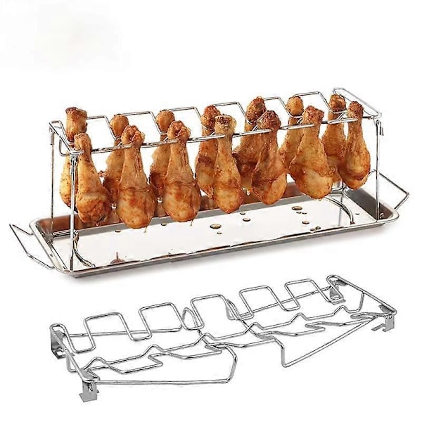 BBQ Kyllingben- og Ving Grillrist 14 Slots Rustfrit Stål Grillrist til Drumsticks Holder Ovn Stege Stativ med Drypbakke Værktøjer 2pcs