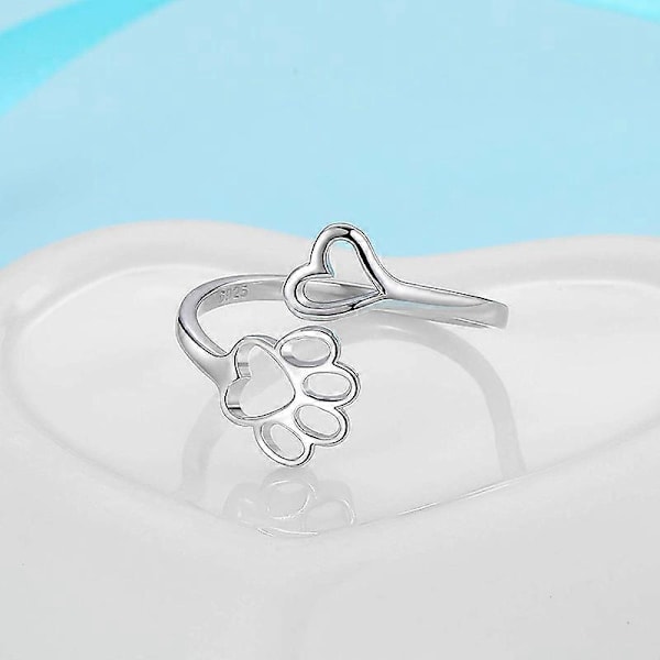 Valphundälskare Paw Print Ring Hjärta 925 Sterling Silver Justerbar Ring