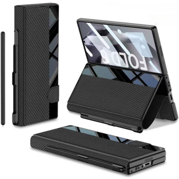 För Samsung Galaxy Z Fold 6 med S Pen-fack, Inbyggt skärmskydd PU-läder Magnetiskt Allt-i-ett-vikbart fodral carbon black