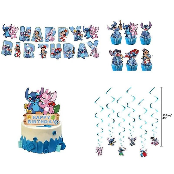 Sininen ommel Syntymäpäiväjuhlat Koristeet Piirretty Lilo Ja Stitch Teema Astiastosetti Kupit Lautasia Ilmapallo Lapsi Juhlatarvikkeet 4pcs set