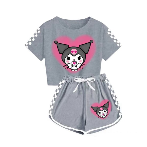 Kuromi pojkar och flickor T-shirt + shorts sportpyjamas set Flower type 2-grey 130cm