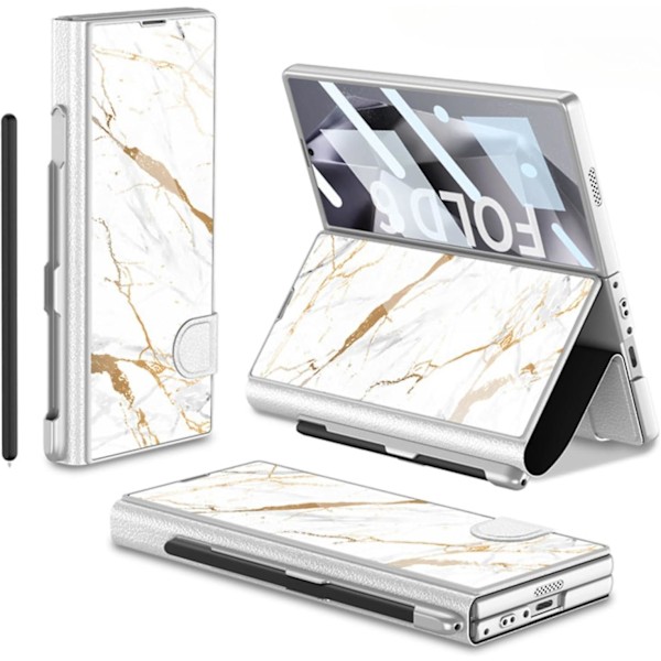 Fodral för Samsung Galaxy Z Fold 6 med pennfack, Z Fold 6 fodral pläterat glas hybridläder All-Inclusive fodral med skärmskydd silver white