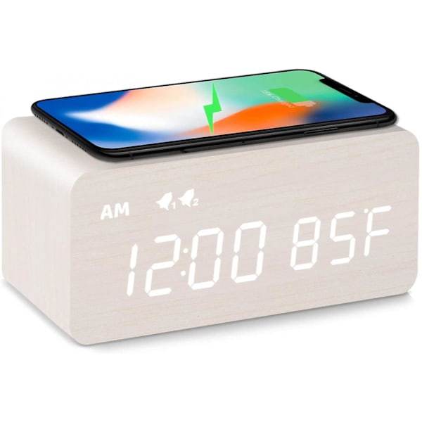 Digital Träväckarklocka med Trådlös Laddning, 0-100% Dimmer, Dubbel Alarm, Vardag/Helg-läge, Snooze, Trä LED-Klockor för Sovrum, Sängbord, Desk