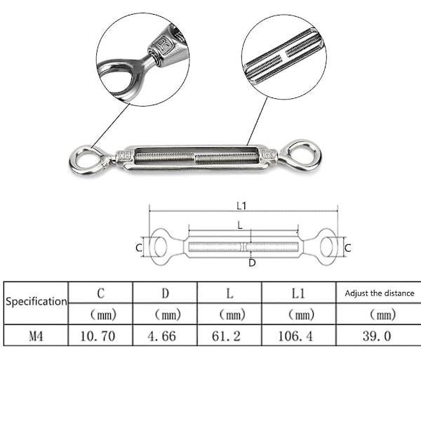 Kabelsperrer 10 stk M4 Justerbar Rustfritt Stål Kabelspenner Lanterne Spenner Wire Spenner for Tau Kabel Tøyline Hage Wire Mesh