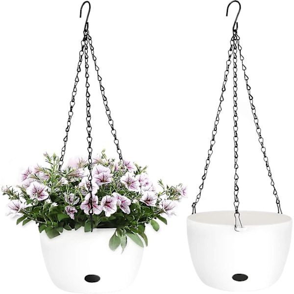 Självbevattnande Hängande Planteringskruka med Bevattningshål 24cm Vit Set om 2 - Rund Plast Hängande Korg Blomkruka Växtställ för Utomhus Trädgård