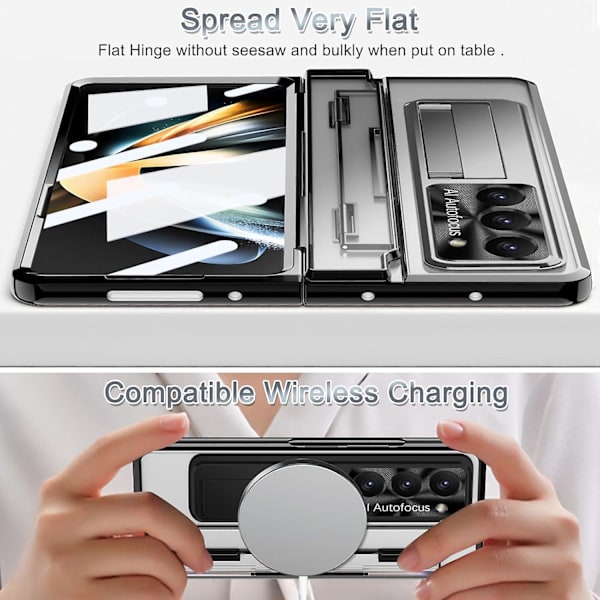 Klarfodral för Samsung Galaxy Z Fold 6 med S Pen-hållare & Flat Hinge Protector & Stativ, Smalt PC All-Inclusive Stötsäkert Fodral silver