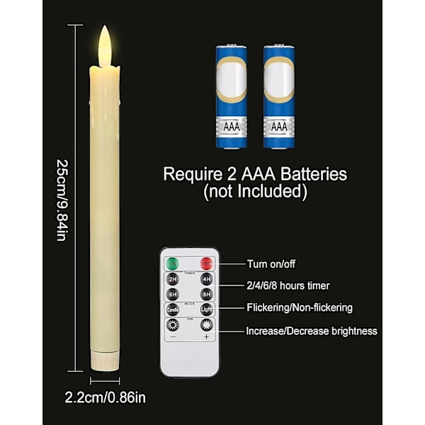 6 stk. Flammeløse Spisslys med Fjernkontroll, 25 cm LED Lysestaker med Flimrende Flamme, Dryppfrie Vindu Lys For Juledekorasjon Batteridrevet