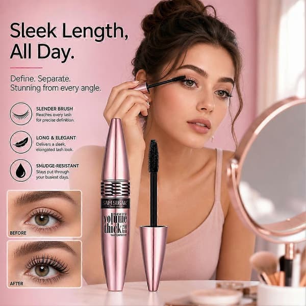 SAM SUGAR Volymgivande Vattentät Mascara 15ml, Kladdfri Fransböjning & Förlängande Formula