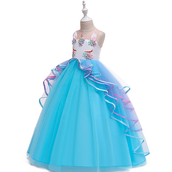 Flickor Regnbåge Enhörning Fancy Princess Klänning Barn Blomma Tävling Fest Klänning Ärmlös Volanger Klänningar blue 170cm
