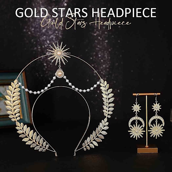 Gudinne Halo Krone Rhinestone Måne Blad Krone Hodebånd Tiara Måne Boho Hodeplagg med Måne Stjerne Dangle Øredobber for Kvinner Jenter