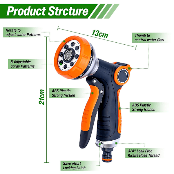 Havevandsslange Spray Gun, 8 Justerbare Mønstre Højtryks Slange Dyse, Vandstrømskontrol, Perfekt til Planter, Plæner, Biler, Cykler og Kæledyr Badning Z