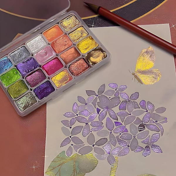 20 Farver Vandfarvemalingssæt, Metallic Glitter Solid Vandfarvemaling Tegnetilbehør Rejse Kunst Sæt til Studerende & Hobbyfolk