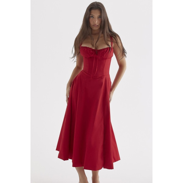 Kvinnor Blommig Boho Midi Bustier Klänning Dam Carmen Print Solklänning Summer Beach Swing Klänningar Red Slip Dress Asia L  EU M