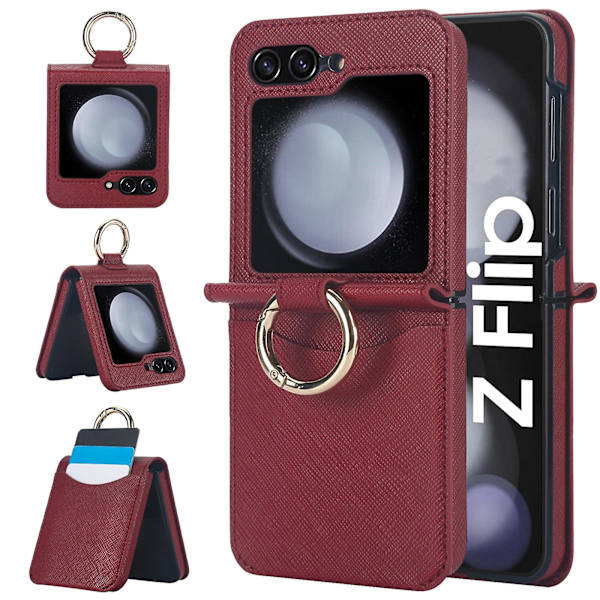 Plånboksfodral för Z Flip 6, RFID-blockering Korthållare Läder Stötskyddande Fodral för Samsung Galaxy Z Flip 6 med Ringhållare red
