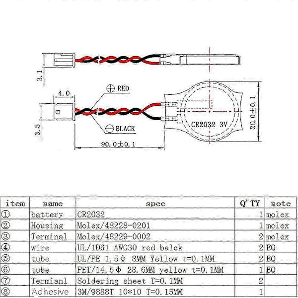 Cr2032 2032 Batteri Kabel 2 Pins Laptop Motherboard Bios Cmos Batteri Med Kabel Adskillelig Batteri Wi