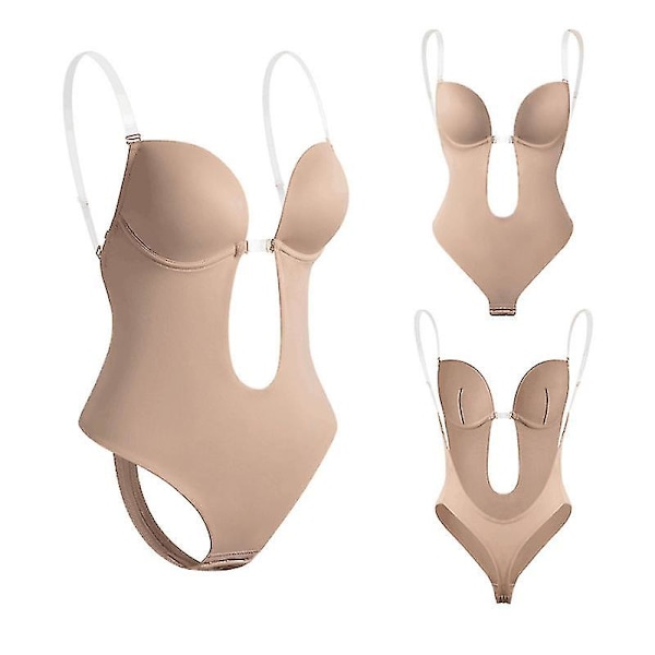 Bodydress med dyp V-hals, åpen rygg, magekorsett, usynlige stropper, bh-body, kveldskjole, formende undertøy skin s