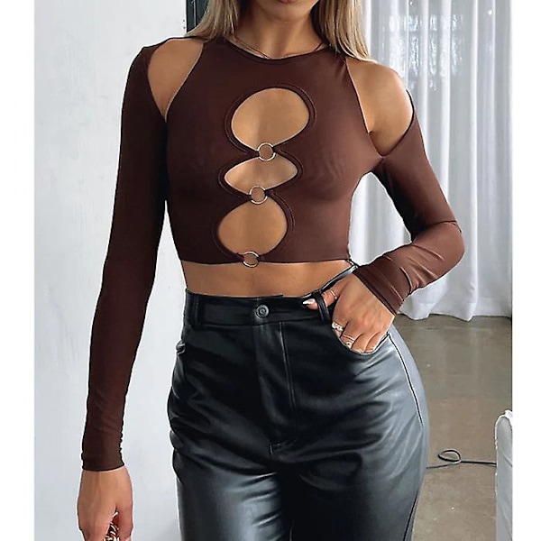 2024 Sommar Brun Ny Dammode Rund Hals Långärmad Sexig Ihålig Slim Fit Navel Exponerad T-shirt För Kvinnor ZD B2 s