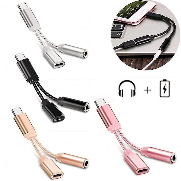 Usb-c-tyyppi C - 3,5 mm:n Aux-liitäntä latausääniadapteri 2-in-1-jakosovitin -GSL black