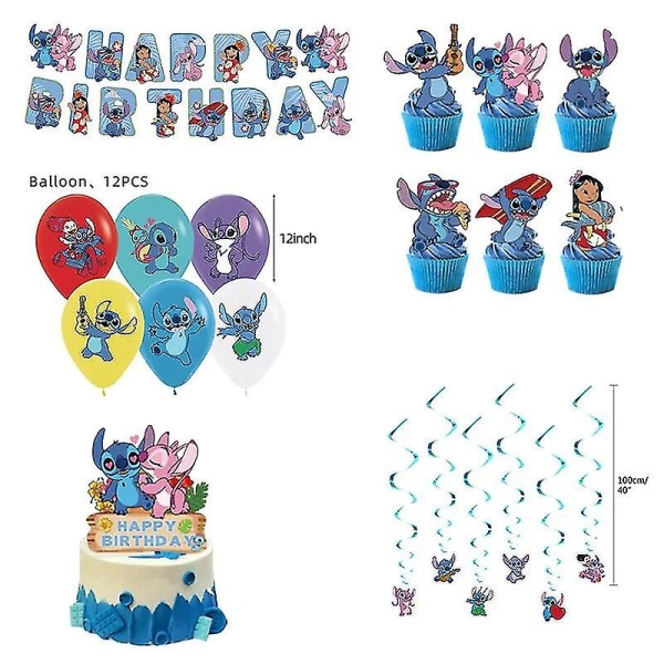 Sininen ommel Syntymäpäiväjuhlat Koristeet Piirretty Lilo Ja Stitch Teema Astiastosetti Kupit Lautasia Ilmapallo Lapsi Juhlatarvikkeet 5pcs set