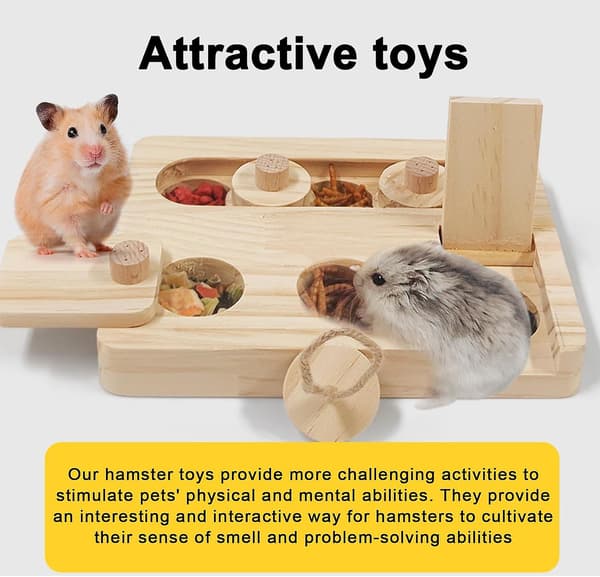 6-i-1 Träleksaker för Hamster Interaktiv Berikning, Marsvin Foderleksaker Godisdispenser Leksaker för Små Djur, Godispusselleksaker