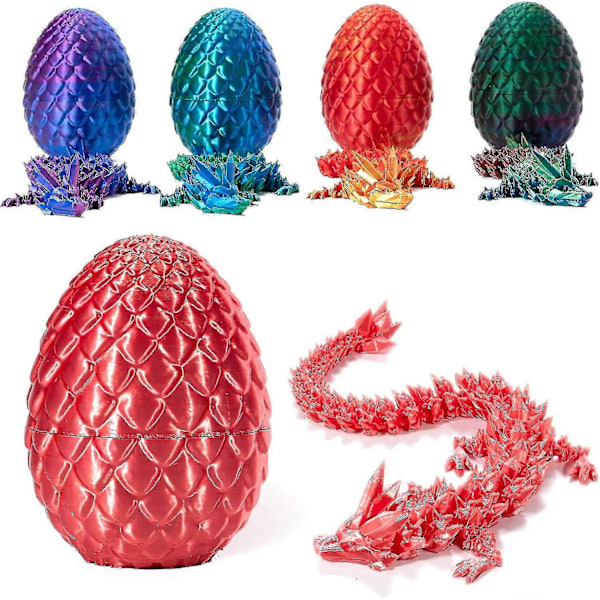 3D-tryckt drake i ägg, fullt ledad drake kristalldrake med drakeägg, hemmakontorsdekoration chefens skrivbordsleksaker silk red