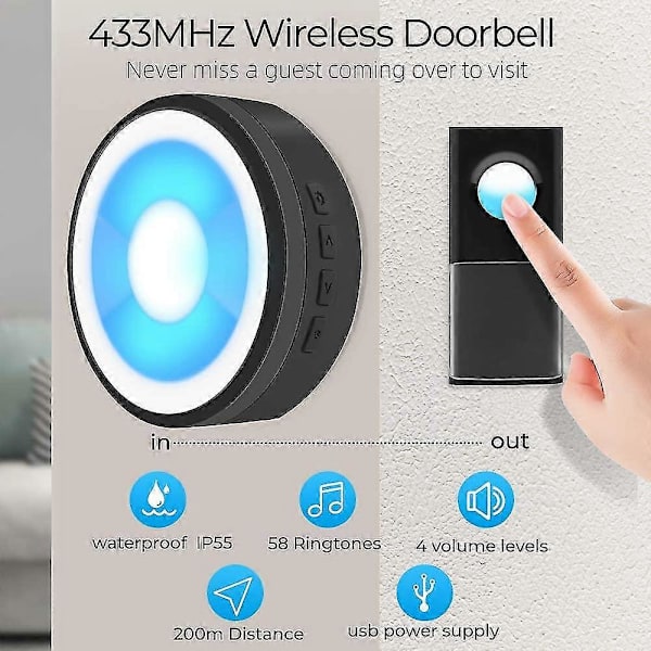 2024 Trådløs dørklokke, Usb-drevet Ip55 Vandtæt dørklokke med natlys, 5 niveauer lydstyrke, 58 dørklokkeklang Farverig LED Flashblack -CHN