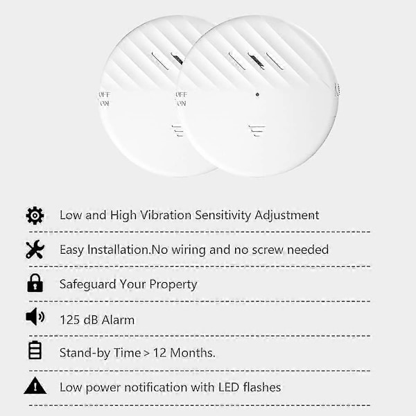 Glasbrottsdetektorer, Fönsterlarm med 125 Db Alarm, Glasvibrationssensorlarm (2 st) Banban