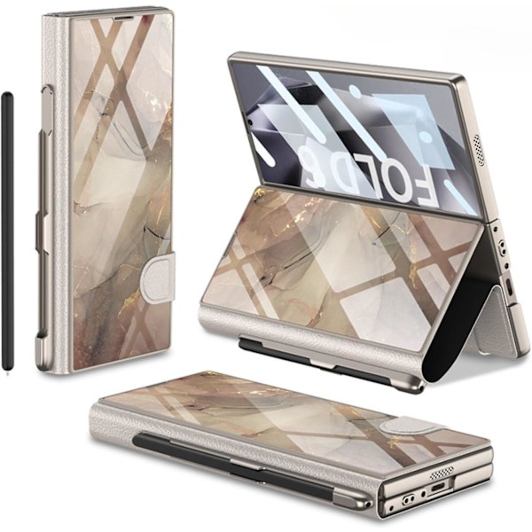 Fodral för Samsung Galaxy Z Fold 6 med pennfack, Z Fold 6 fodral pläterat glas hybridläder All-Inclusive fodral med skärmskydd gray gold