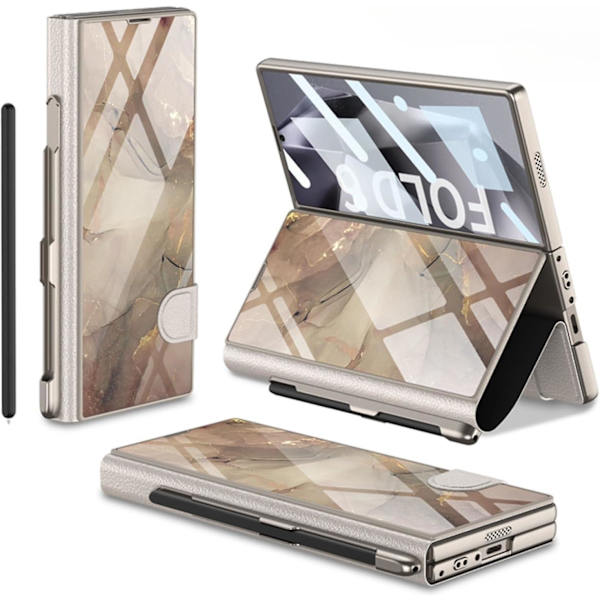 Til Samsung Galaxy Z Fold 6 Etui med Pen Slot, Z Fold 6 Etui Belagt Glas Hybrid Læder All-Inclusive Etui med Skærmbeskytter gray gold