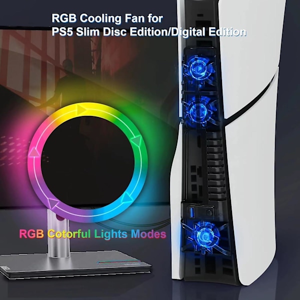 Kylfläkt för PS5 Slim, Uppgraderad Tyst Kylfläkt med RGB-LED, Effektiv Extern Kylsystem för PS5 Slim Konsol UHD/ DE