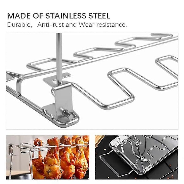 BBQ Kyllingben- og Ving Grillrist 14 Slots Rustfrit Stål Grillrist til Drumsticks Holder Ovn Stege Stativ med Drypbakke Værktøjer 2pcs