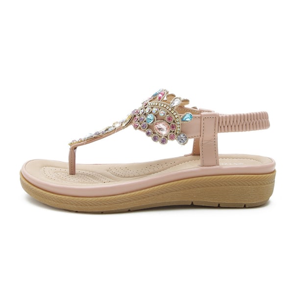 Sommar ny stil bohemisk sandal mode strass platta sandaler för kvinnor pink 39