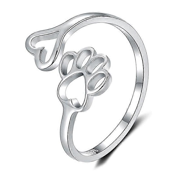 Valphundälskare Paw Print Ring Hjärta 925 Sterling Silver Justerbar Ring