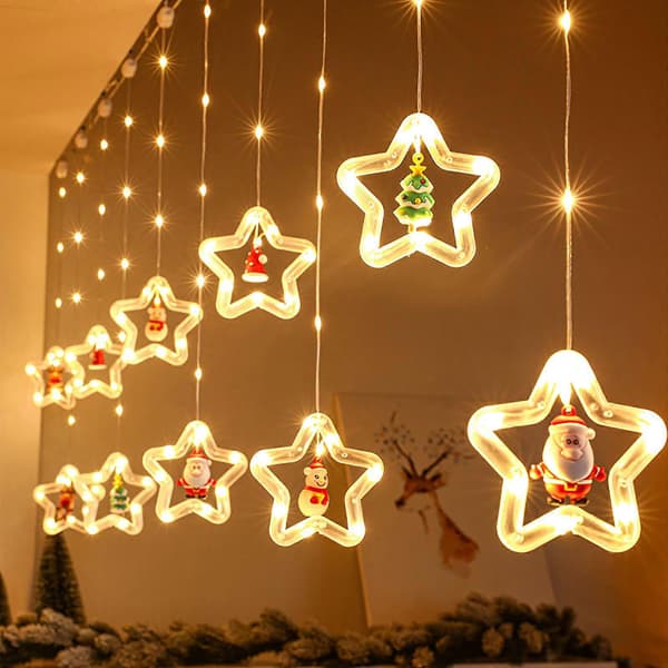 Julepynt Lys Pentagram Gardinlys LED Lanterner Isstrimler Lys Snemand Julemand Lys a