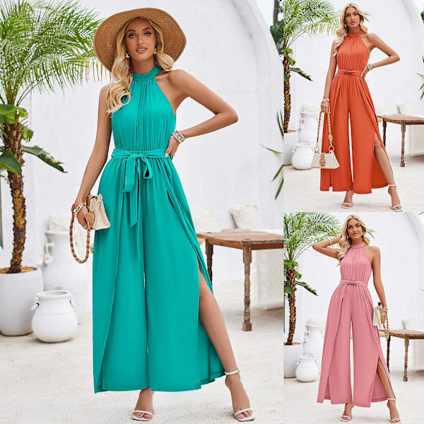 Kvinnor Strapless Off-Shoulder Jumpsuit Solid Färg Ärmlös Hög Midja Split Bred Ben Byxor Romper Jumpsuit -GSL ZD C pink