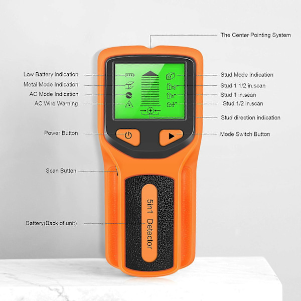 5 i 1 Studsøker Profesjonell Veggskanner Studsensor Bjelkefinner med LCD-skjerm for deteksjon av tre, metall og AC-ledninger black