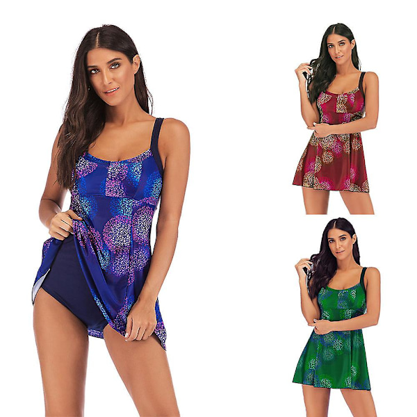 Plus Size Dam Badkläder Tryckt Vadderad Baddräkt Tankini Set Slim Digital Tryckt Bikini Baddräkt Med Dubbla Remmar purple