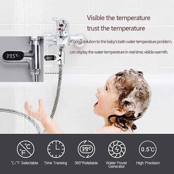 Duschtermometer, 0~100  Babybadvattentermometer med 360° roterande display LED digital display duschvattentermometer