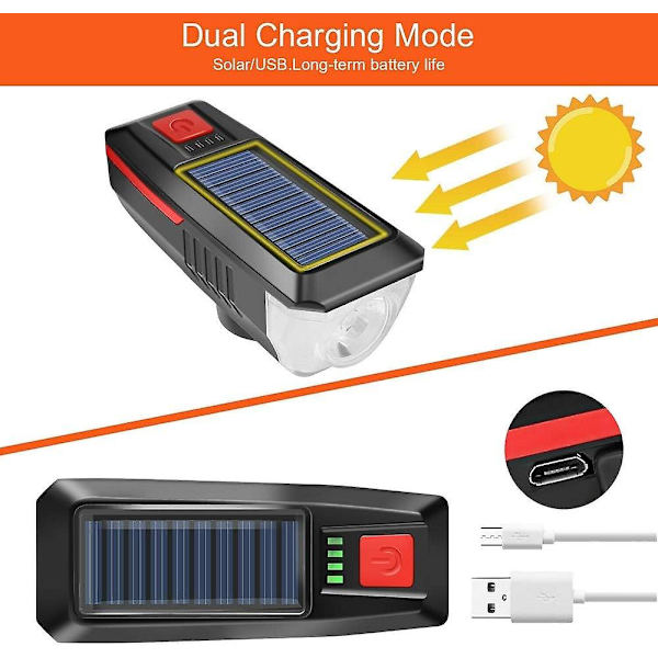 Solcelledrevet USB-oppladbar sykkellykt 2000 Lumen LED sykkellykt foran Nødlys Vanntett med Horn 3 Lysmoduser 2000mAh B2 BB ZD