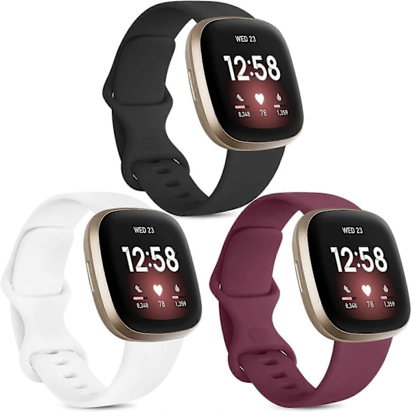 [3-pak] Rem kompatibel med Fitbit Versa 3 rem/Fitbit Sense rem/Fitbit Versa 4 / Fitbit Sense 2, blød silikone erstatningsrem til Fitbit Vers black*white*wine red large