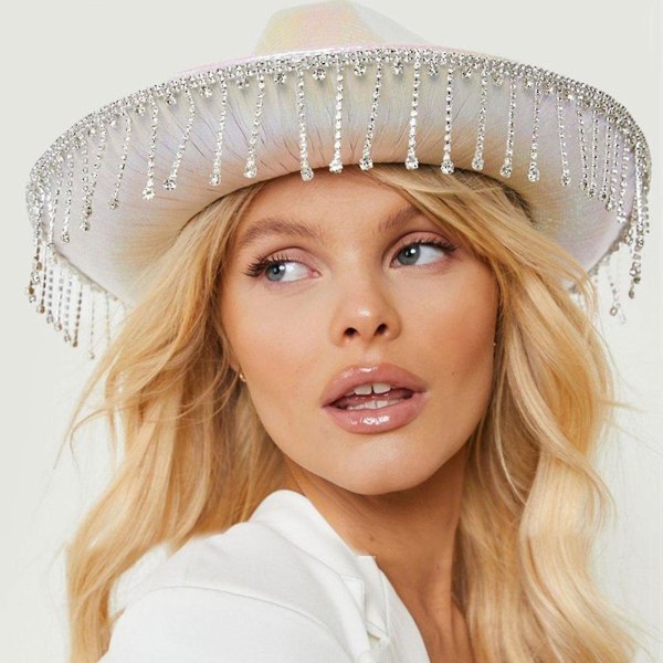 Naisten länsimainen Cowboy-hattu Diamond Fringe Cowgirl Hat White