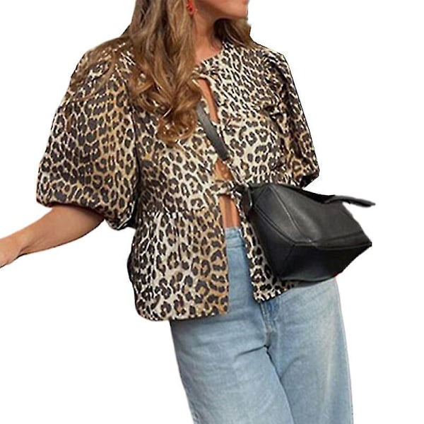 Kvinners Topper Leopard Print Hollow Out Skjorter Causal Kort Ermet Blonder Opp Topper ZD