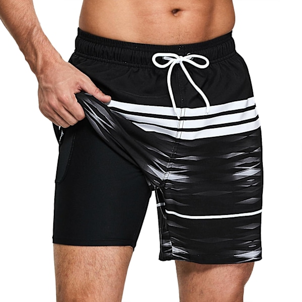 M-3XL Stora badshorts för män Badbyxor med kompressionsfoder Snabbtorkande strandshorts med 2 blixtlåsförsedda fickor -GSL stripe