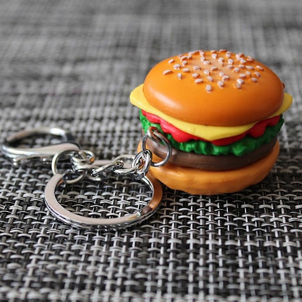 Hamburger Cheeseburger Nyckelring i Polymerlera, Simulerad Matberlock