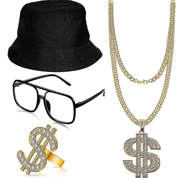 1980-luvun 1990-luvun Hip Hop -räppäri-asusarja 4kpl/ set Bucket Hat Lasit Dollarikyltti Kultaketju Kaulakoru Dollarikyltti Sormustarvikkeet Black