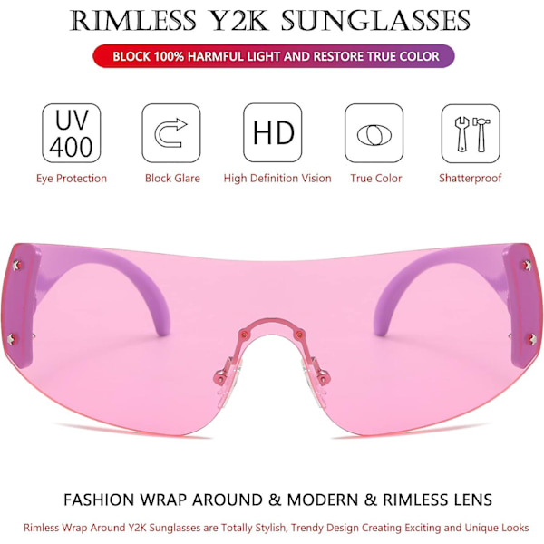 AIEYEZO Rimless Y2K Solbriller til Kvinder og Mænd Oversized Fashion Wrap Around Rammeløse Solbriller pink