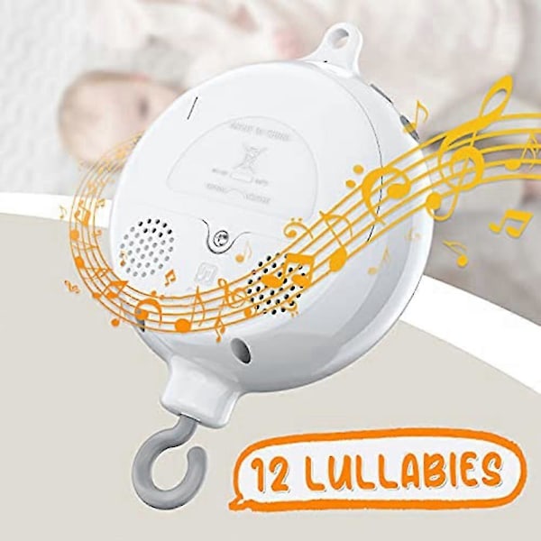 Babymobilmotor med Musikkboks, Spinner, 3 Moduser, Justerbar Volum, 12 Vuggesanger, Automatisk Avstenging